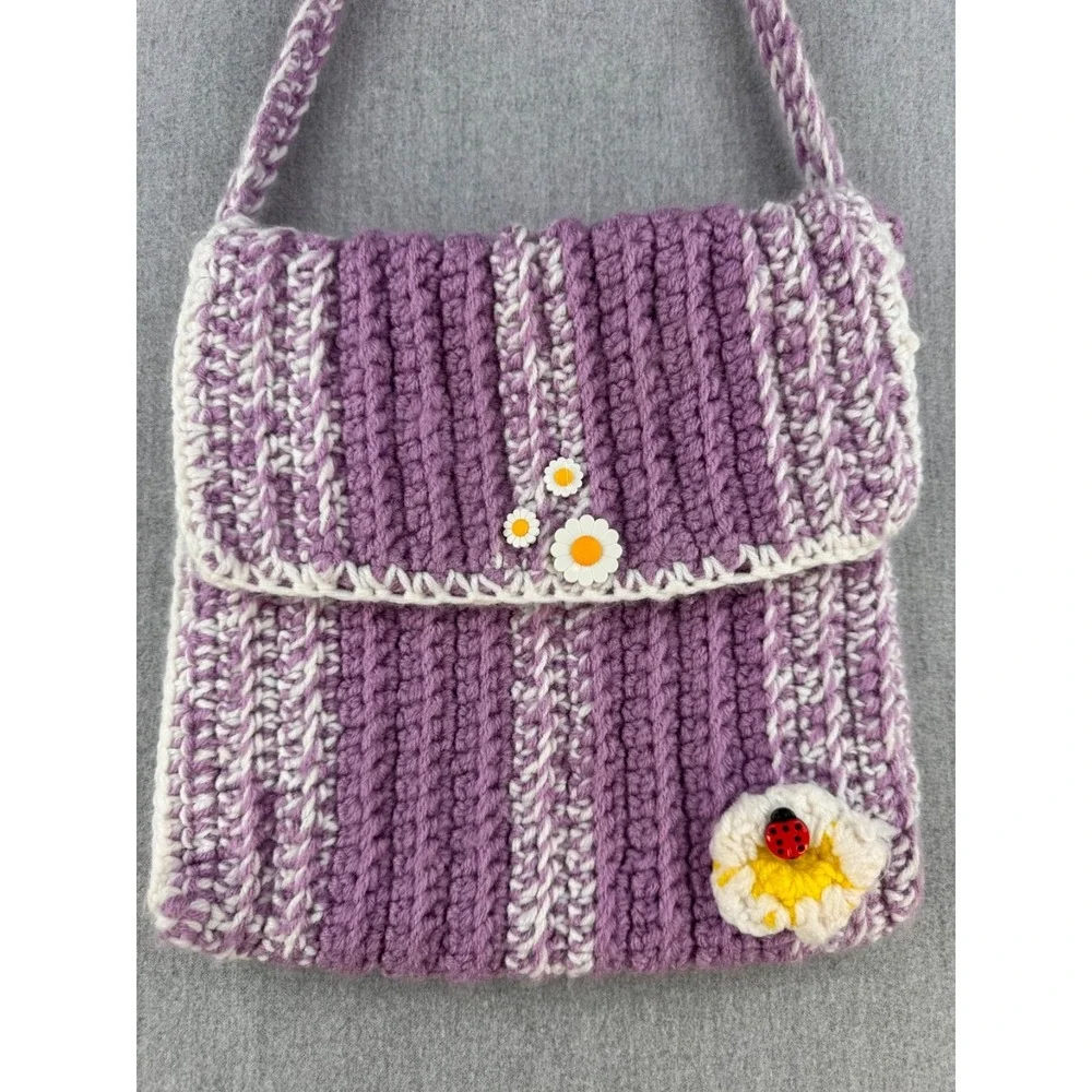 Handmade Crochet Crossbody Bag Purple White Daisy Ladybug Cottagecore Boho - Picture 7 of 15
